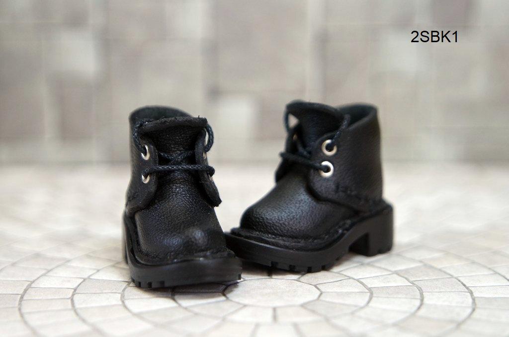 本革：1/6ドールシューズ／ショートブーツ／ブラック／オビツ24・ブライス・リカちゃん／ブロックパターン靴