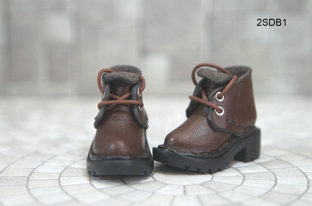 本革：1/6ドールシューズ／ショートブーツ／ダークブラウン／オビツ24・ブライス・リカちゃん／ブロックパターン靴