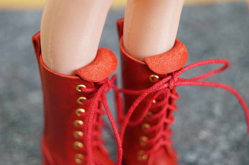 本革：1/6ドールシューズ／編み上げロングブーツ　レッド／オビツ24・ブライス・リカちゃん | 3枚目