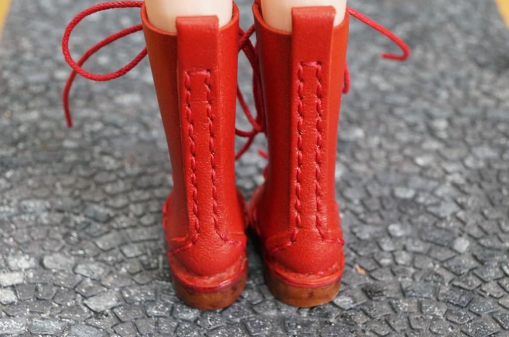 本革：1/6ドールシューズ／編み上げロングブーツ　レッド／オビツ24・ブライス・リカちゃん | 7枚目