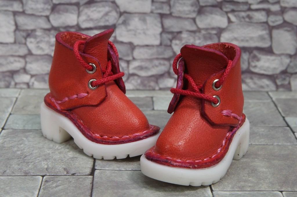 本革：1/6ドールシューズ／ショートブーツ／コーラルピンク／オビツ24・ブライス・リカちゃん／ブロックパターン靴底