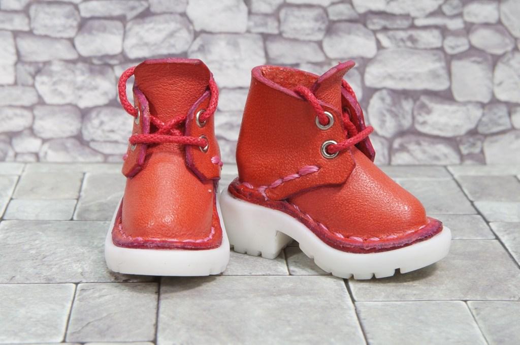 本革：1/6ドールシューズ／ショートブーツ／コーラルピンク／オビツ24・ブライス・リカちゃん／ブロックパターン靴底 | 3枚目