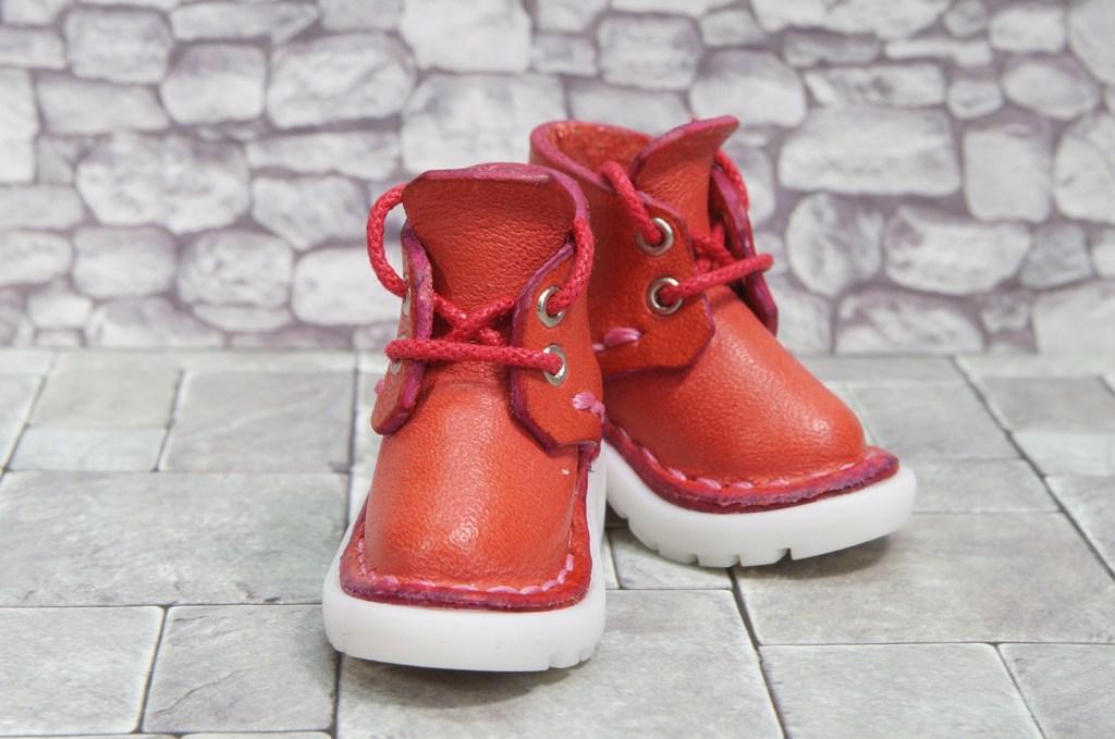 本革：1/6ドールシューズ／ショートブーツ／コーラルピンク／オビツ24・ブライス・リカちゃん／ブロックパターン靴底 | 4枚目