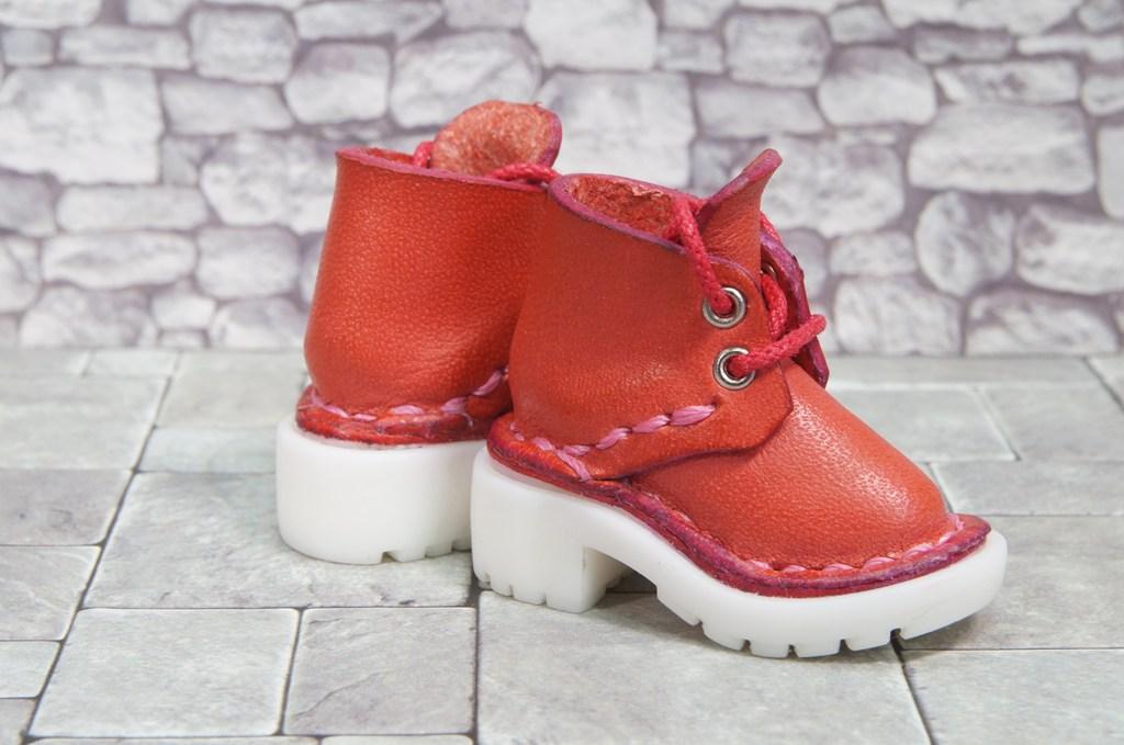 本革：1/6ドールシューズ／ショートブーツ／コーラルピンク／オビツ24・ブライス・リカちゃん／ブロックパターン靴底 | 5枚目